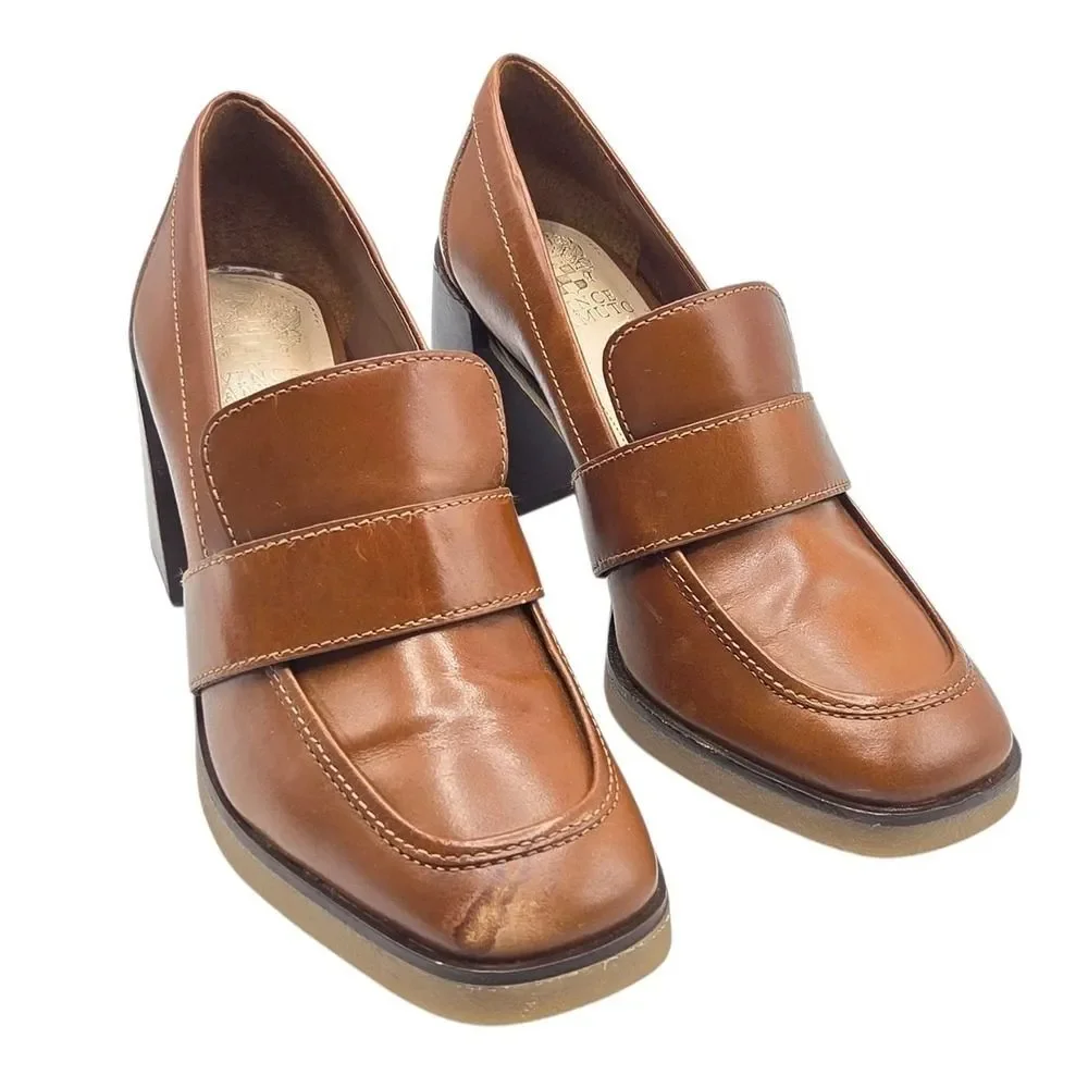 Vince Camuto Women's Cognac Pumps Ezerna Slip On Leather Heeled Loafers Size‎ 8M